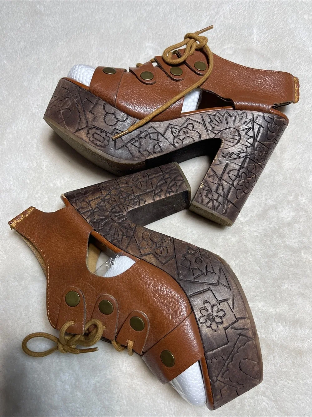 Free People Brown Leather Carved-Wood Platform Sandals Size 37